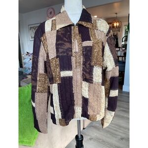 UBU Reversible Quilted Patchwork Jacket Brown Earth Tone Crinkle Zip Front L